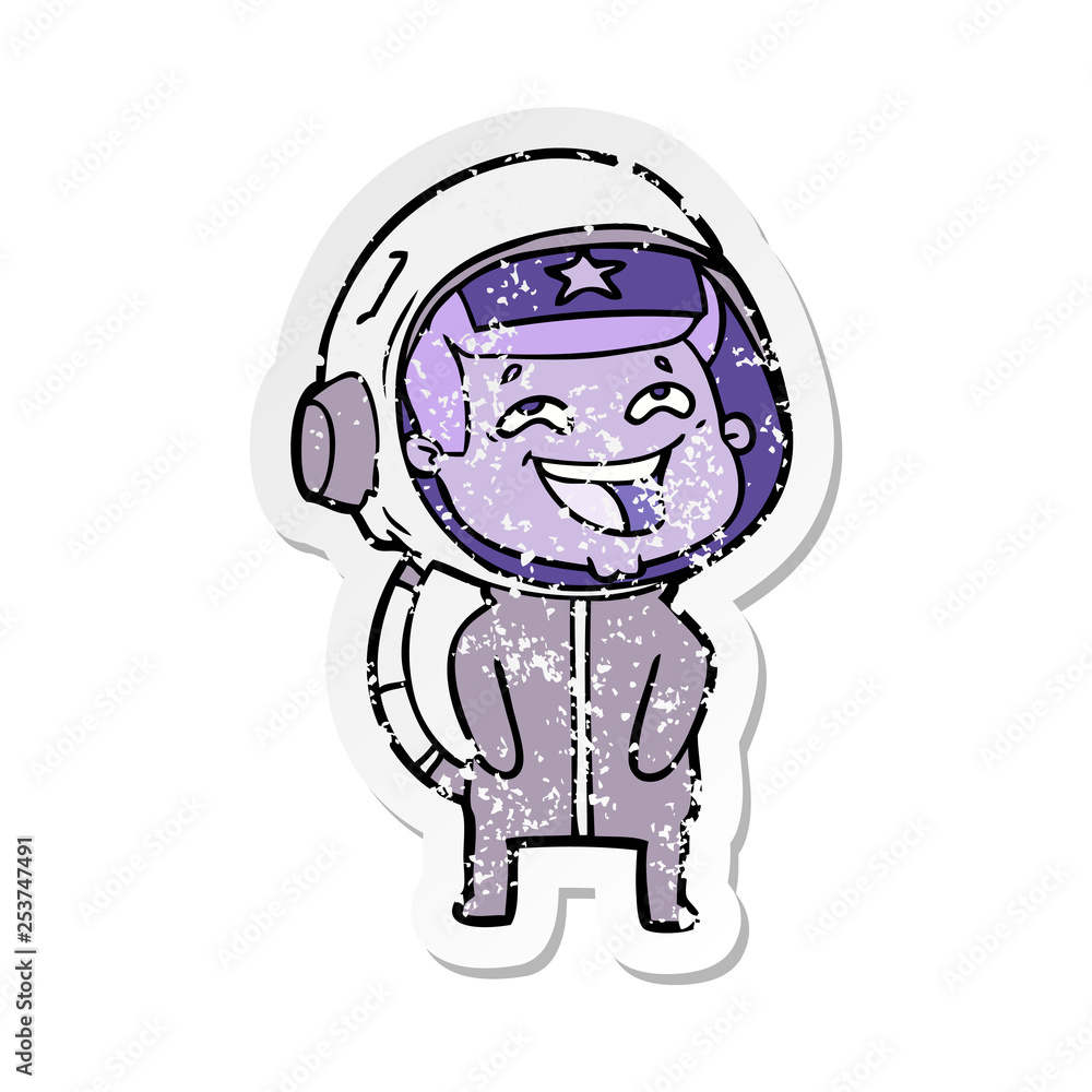 distressed sticker of a cartoon laughing astronaut