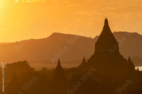Sunset over the Temples of Bagan, Mandalay, Myanmar.