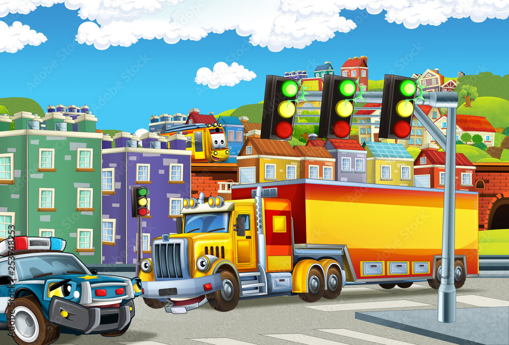 cartoon scene with big truck with truck trailer in the middle of a city and police car helping - illustration for children