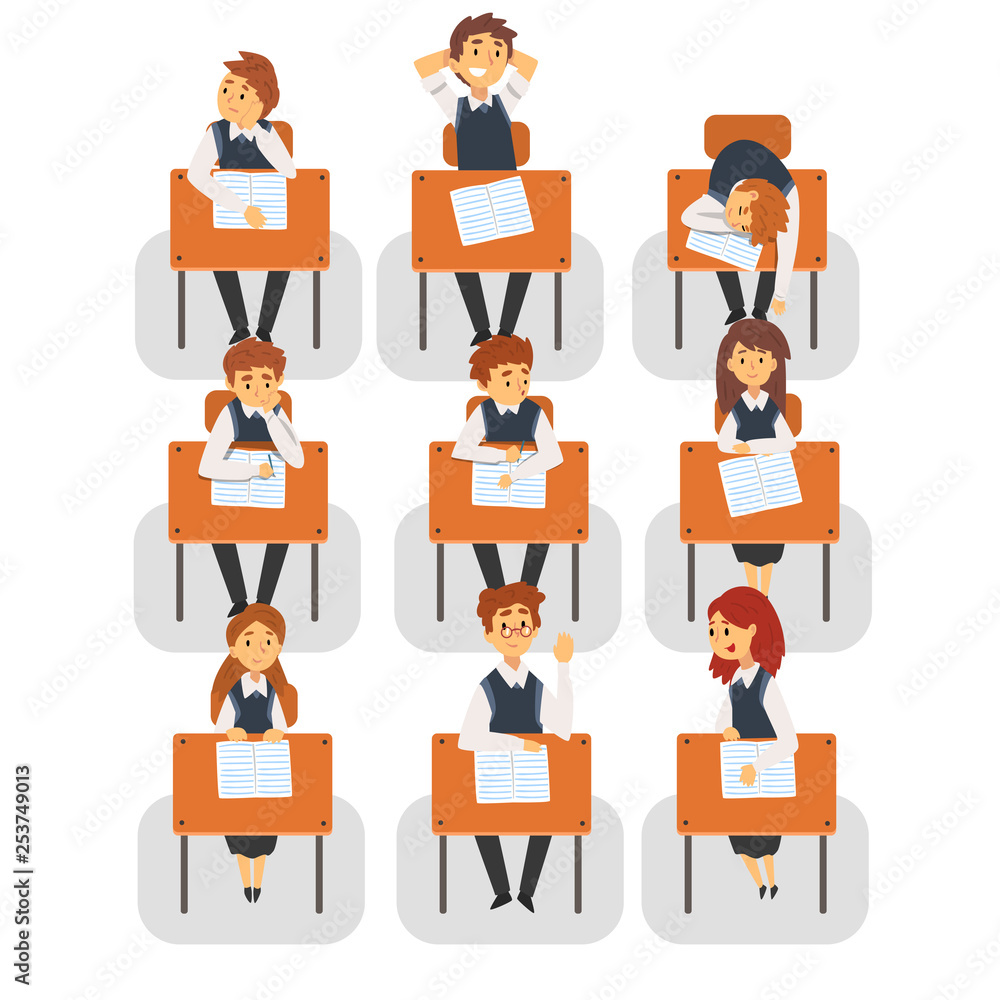 Students Sitting at Desks in Classroom, Front View, University or College Lesson Vector Illustration