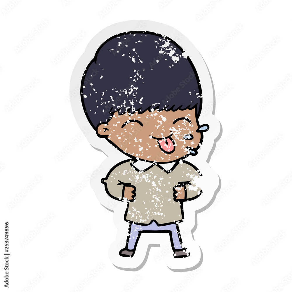 Fototapeta premium distressed sticker of a cartoon boy sticking out tongue