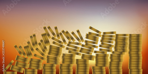Concept de la faillite et du krach boursier, avec le symbole de piles de pièces de monnaie qui se renversent les unes sur les autres en provoquant la chute du système financier et la crise économique