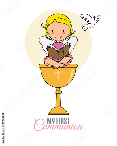 Girl communion card. Girl reading the bible sitting in a chalice