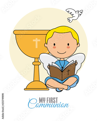 Boy communion card. Boy reading the bible next to a chalice