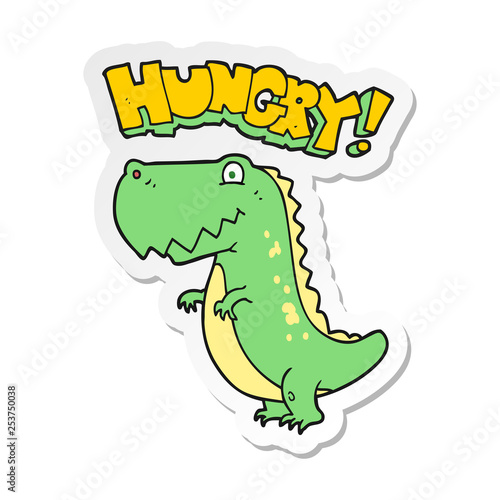 sticker of a cartoon hungry dinosaur