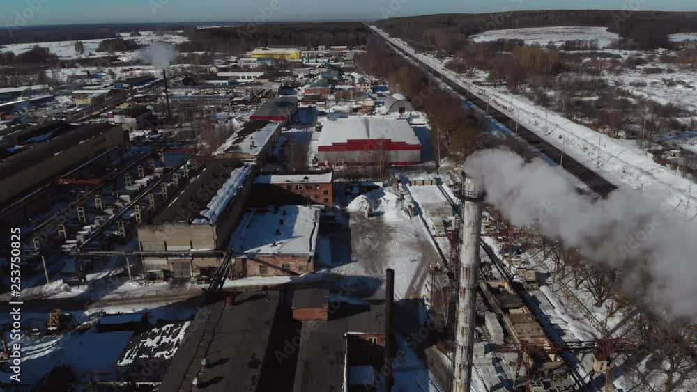 Aerial view. Emission to atmosphere from industrial pipes. Smokestack pipes shooted with drone. 4K Aerial view. Emission to atmosphere from industrial pipes. Smokestack pipes shooted with drone. 4K