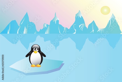 Penguin on an ice floe in the ocean on the background of an iceberg vector cartoon
