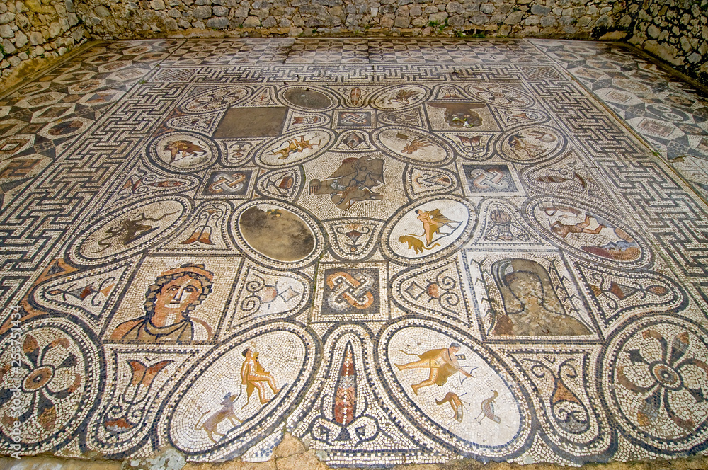 Mosaic of The Heracles twelve labors at Roman ruins of Volubilis near Meknes, Morocco, Africa.
