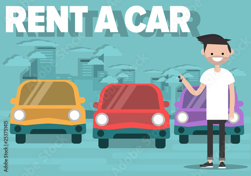 Rent a car concept with cars and young character holding auto key. Urban cityscape background.Flat cartoon design.clip art