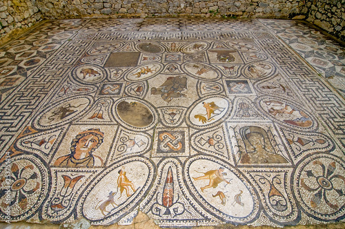 Mosaic of The Heracles twelve labors at Roman ruins of Volubilis near Meknes, Morocco, Africa.