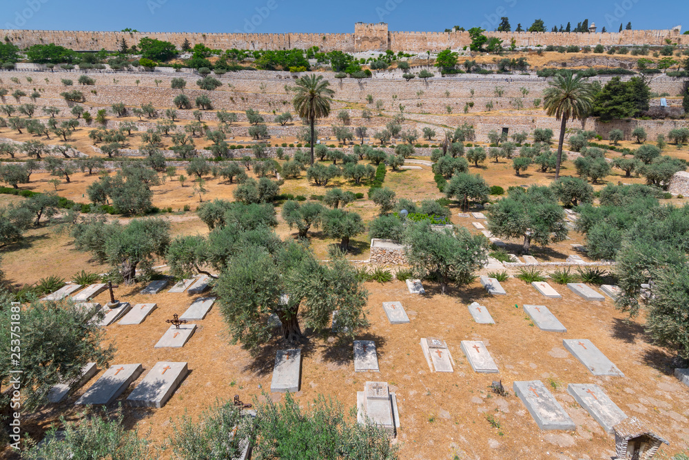 The Golden Gate and christian cemetery in the Kidron valley on the foot of the mount of olives in Jerusalem, Israel.