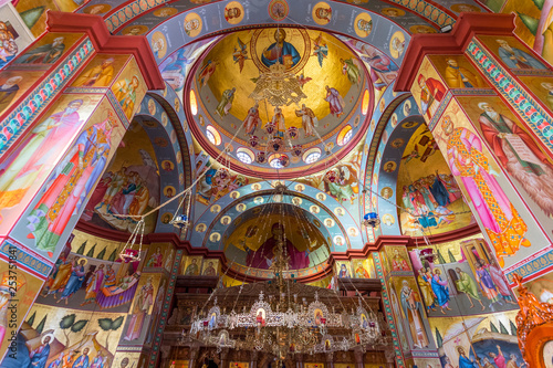 Interior of the Greek Orthodox Church of the Twelve Apostles in Capernaum by the Sea of Galilee, Lake Tiberias, Israel.