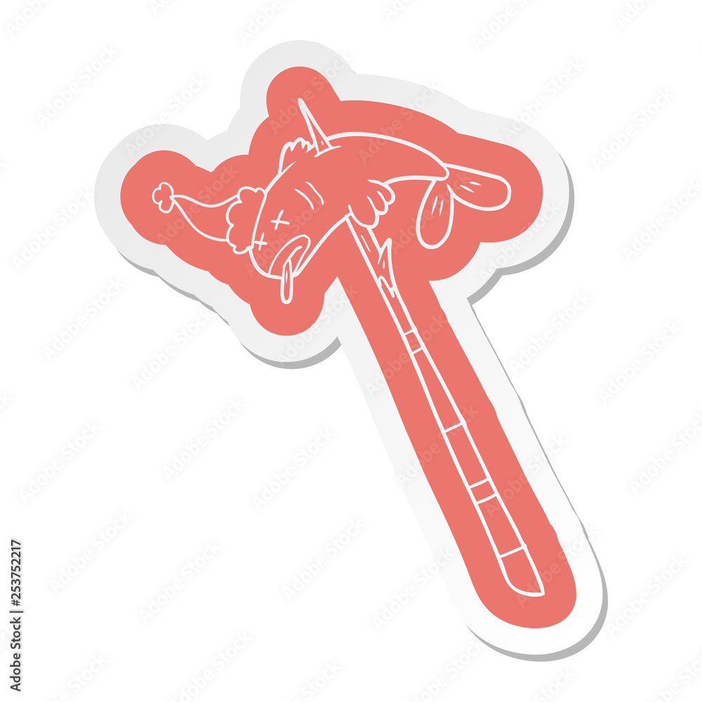 Obraz premium cartoon sticker of a fish speared wearing santa hat