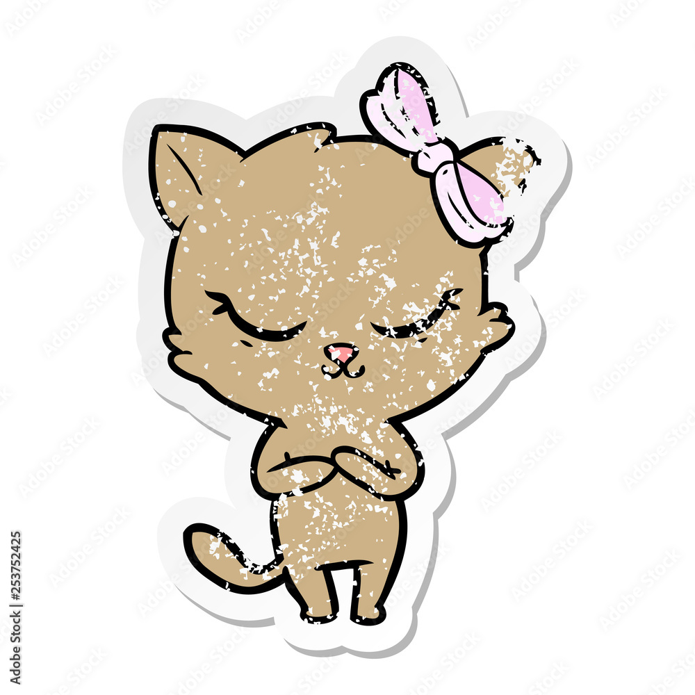 distressed sticker of a cute cartoon cat with bow distressed sticker of a cute cartoon cat with bow
