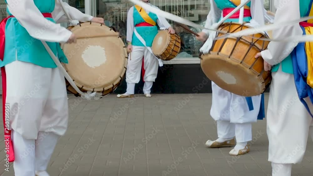 Korean national festival. A group of musicians and dancers in bright