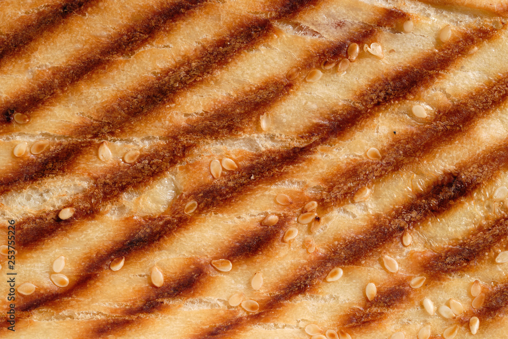 Grilled toast sprinkled with sesame seeds top view closeup. Shallow depth of field Grilled toast sprinkled with sesame seeds top view closeup. Shallow depth of field