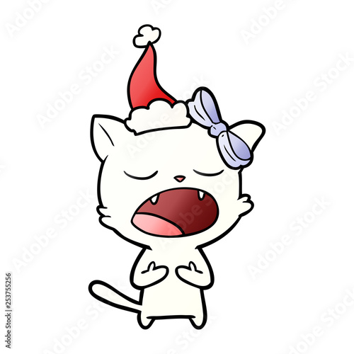 gradient cartoon of a cat meowing wearing santa hat
