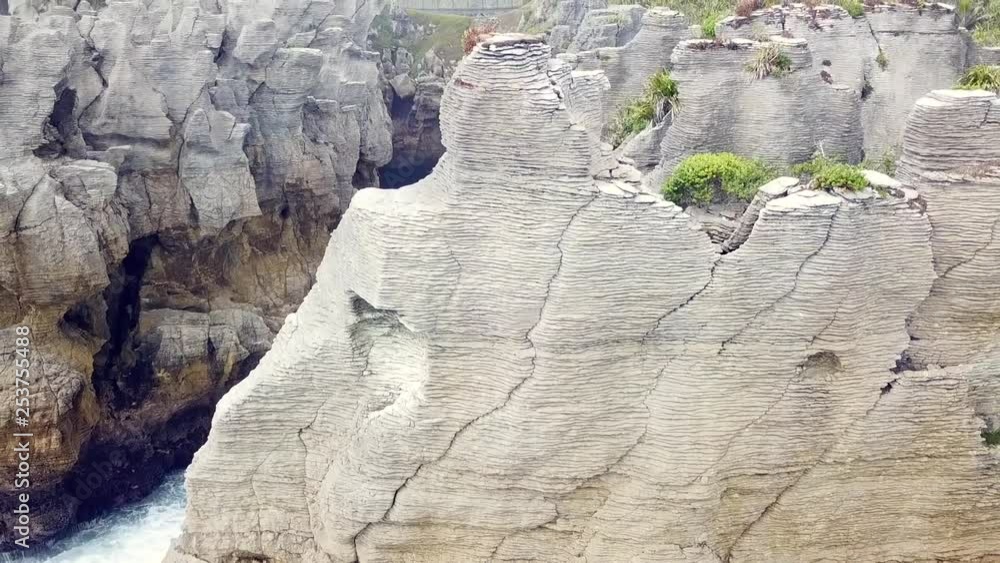 Drone view of the pancake rocks at Dolomite point, Punakaiki, New Zealand. Drone view of the pancake rocks at Dolomite point, Punakaiki, New Zealand.