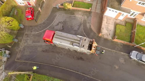 Aerial View of Dustmen putting recycling waste into a waste truck, Bin Men, Recycling day, refuse collection in Stoke on Trent, Staffordshire photo