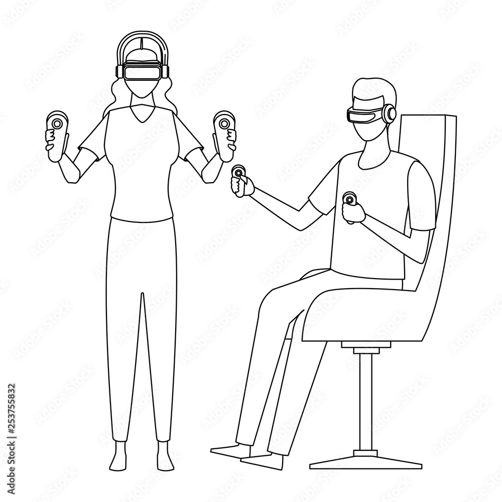 People playing with virtual reality technology in black and white People playing with virtual reality technology in black and white