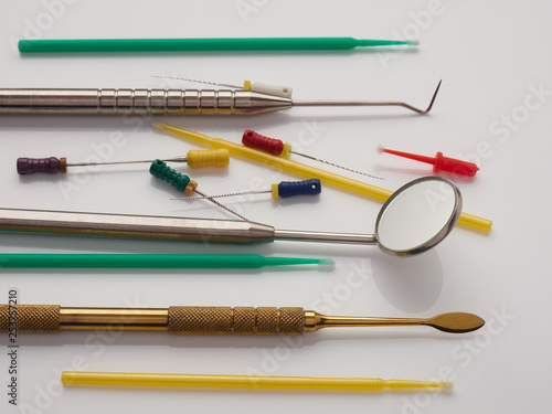 Professional dental tools on white background. Dental health concept