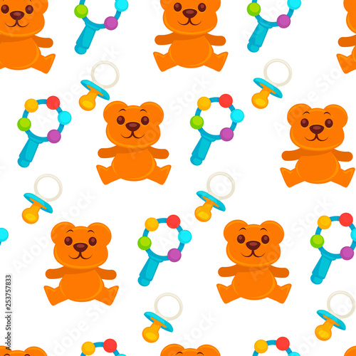 Baby newborn kid and pram perambulator seamless pattern vector.