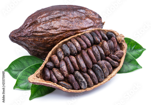 Fotótapéta Cocoa pods and cocoa beans - chocolate basis isolated on a white background