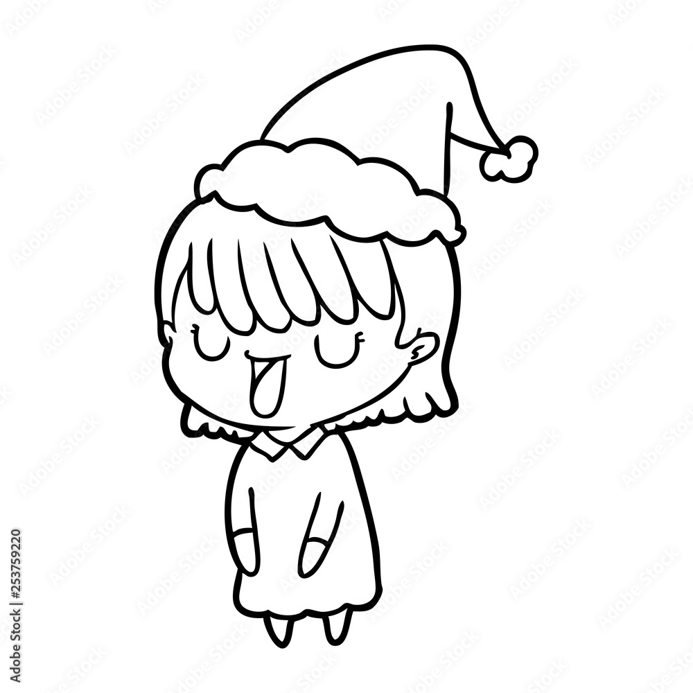 line drawing of a woman wearing santa hat line drawing of a woman wearing santa hat