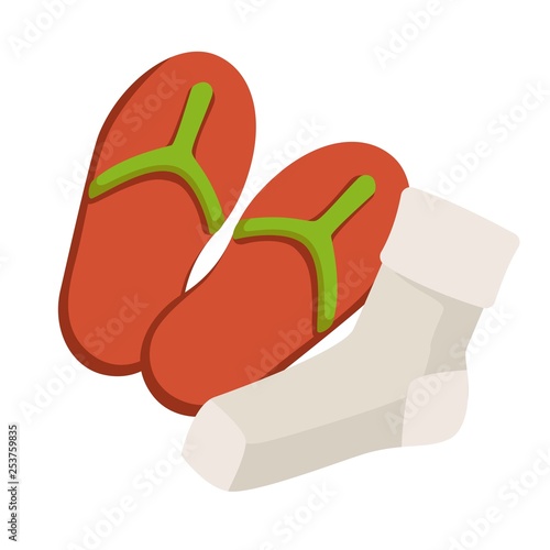 Footwear and hosiery summer flip flops and socks isolated object