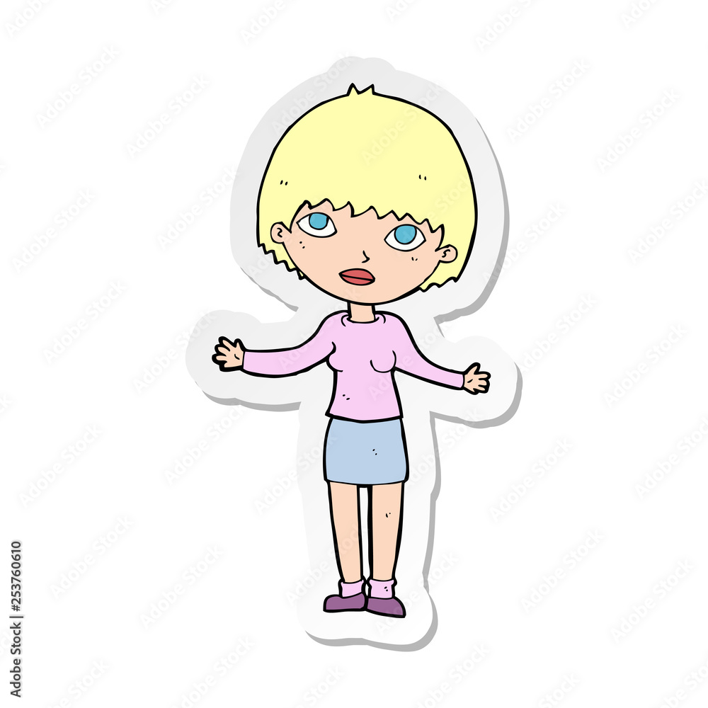 sticker of a cartoon woman shrugging sticker of a cartoon woman shrugging