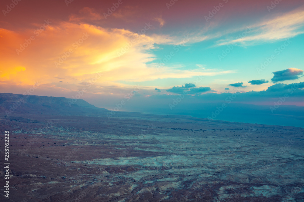 Beautiful sunrise over the Dead Sea. View from Masada fortress