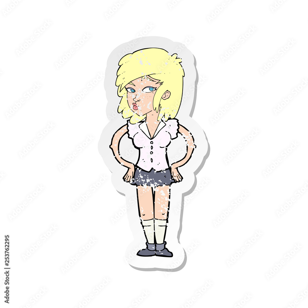 retro distressed sticker of a cartoon pretty woman with hands on hips retro distressed sticker of a cartoon pretty woman with hands on hips