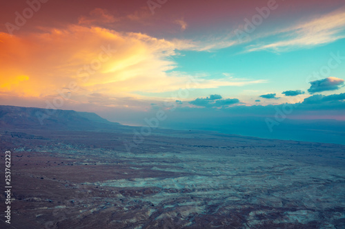 Beautiful sunrise over the Dead Sea. View from Masada fortress