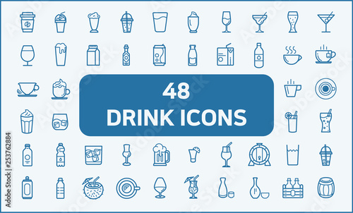 Set of 48 drink and beverage Related Vector Icons. Contains such Icons as coffee, wine, beer, juice, milk, oak barrel, tea, water, soda and more. customize color,stroke width control , easy resize.