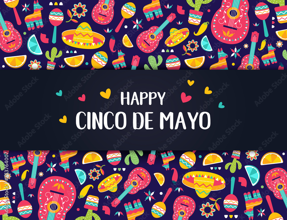 Cinco de Mayo Mexican festive banner. Horizontal card of Mexican culture symbols collection: maracas, pinata, jalapeno, fruit, sombrero, cactus, guitar. Cinco de Mayo web header.
