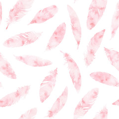 Papier peint photo Plumes aquarelles patrons Plumes bohèmes roses texture pastel  © Anastasia