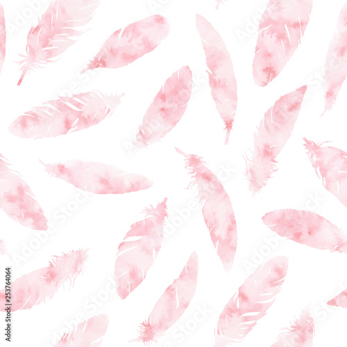 Hand painted vector feathers seamless pattern on white background. Textured p...