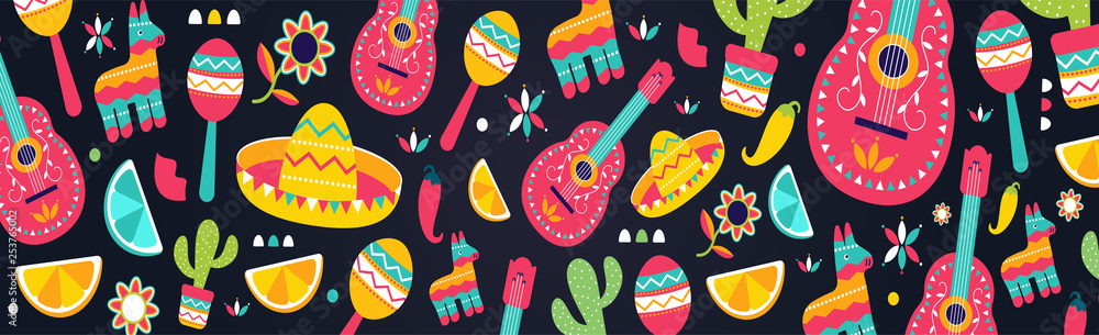 Cinco de Mayo Seamless Pattern for festival in Mexico, flat. T-shirt print of colorful symbols for Mexican parade with maracas, pinata, fruits, sombrero, cactus, guitar Cinco de Mayo Seamless Pattern for festival in Mexico, flat. T-shirt print of colorful symbols for Mexican parade with maracas, pinata, fruits, sombrero, cactus, guitar