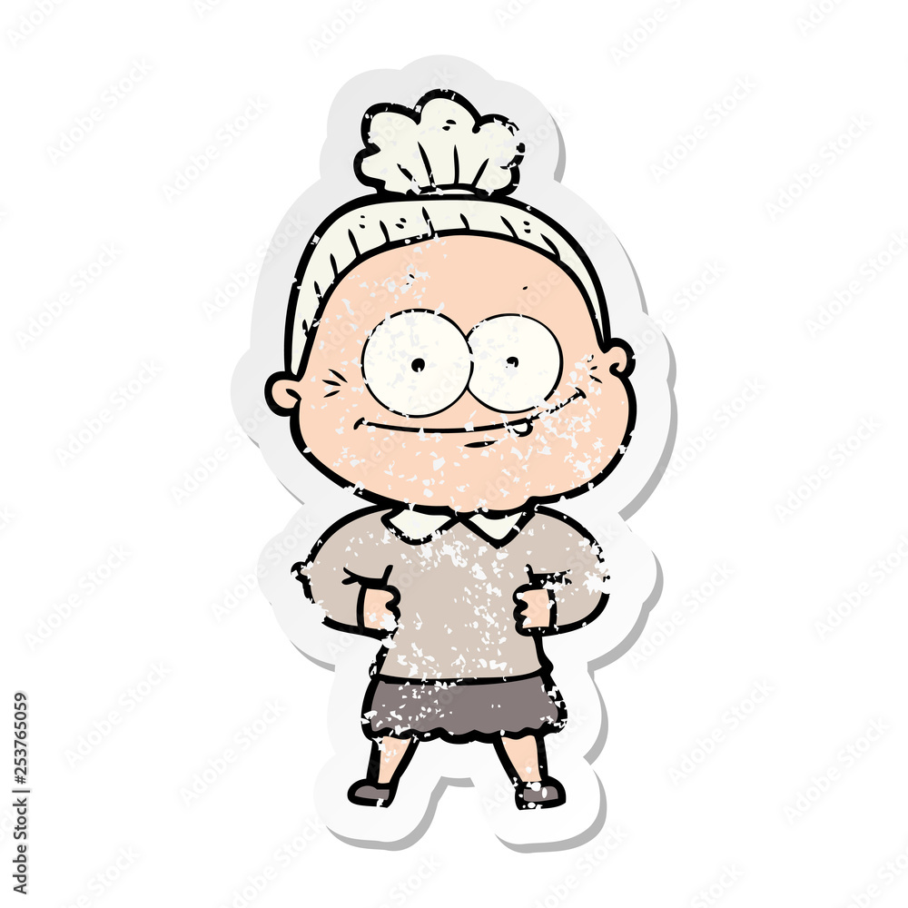distressed sticker of a cartoon happy old woman distressed sticker of a cartoon happy old woman