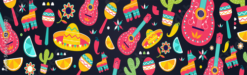 Cinco de Mayo Seamless Pattern for festival in Mexico, flat. T-shirt print of colorful symbols for Mexican parade with maracas, pinata, fruits, sombrero, cactus, guitar