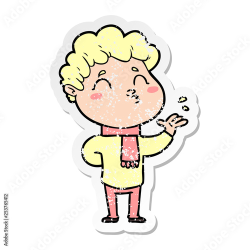 distressed sticker of a cartoon man pouting
