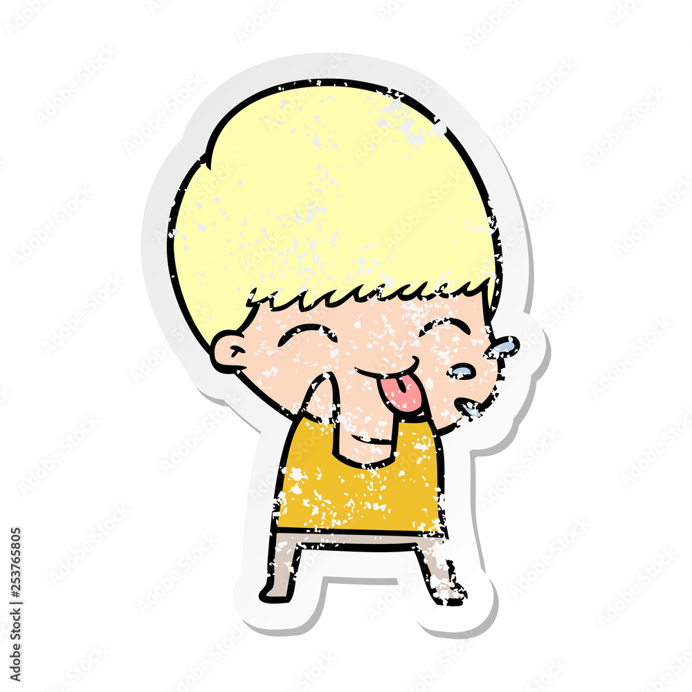 distressed sticker of a cartoon boy blowing raspberry distressed sticker of a cartoon boy blowing raspberry