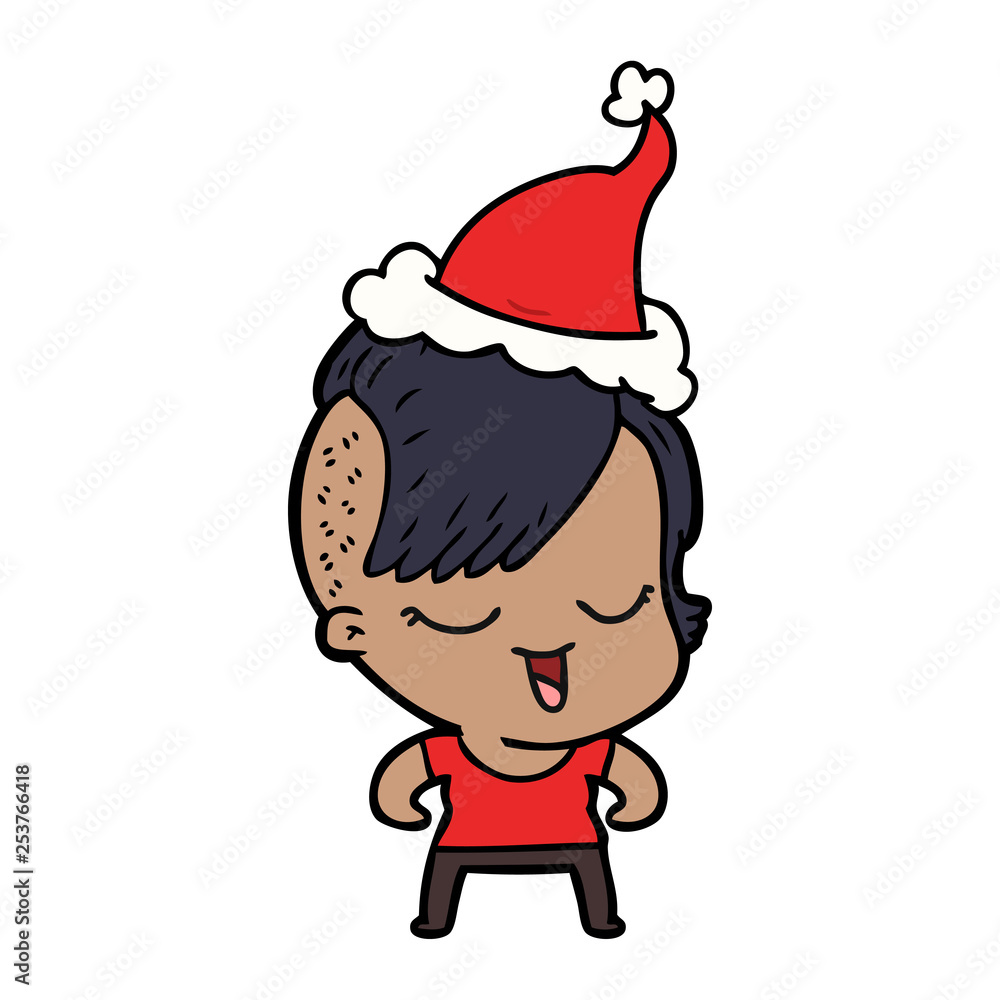 happy line drawing of a girl wearing santa hat happy line drawing of a girl wearing santa hat