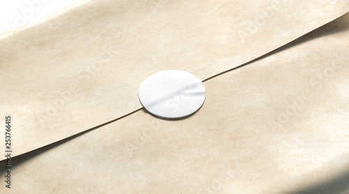 Obraz na plátně Blank white adhesive round sticker on craft wrapping paper mockup, 3d rendering