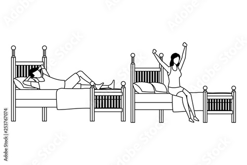 twin bed dormitory and faceless people in black and white