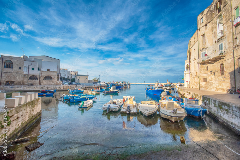 Fototapeta premium Old port of Monopoli province of Bari, region of Apulia (Puglia), southern Italy. Boats in the marina of Monopoli. Fortified wall and rocky beach with a clear blue water.