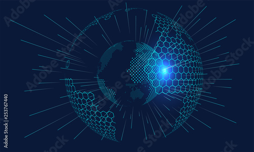 Hexagonal vector grid globe representing high tech, cloud computing and internet big data