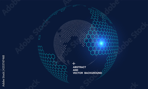Hexagonal vector grid globe representing high tech, cloud computing and internet big data