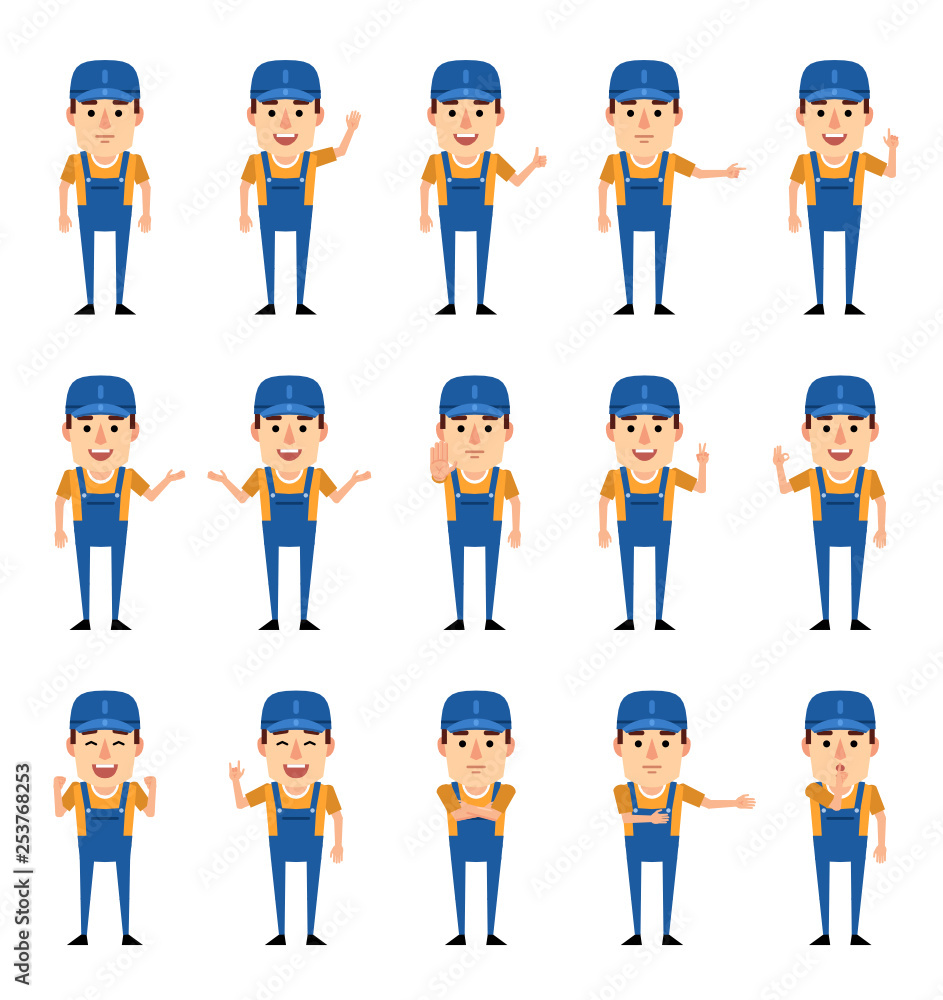 Set of mechanic, worker showing various hand gestures. Funny mechanic pointing, greeting, showing thumb up and other gestures. Flat design vector illustration