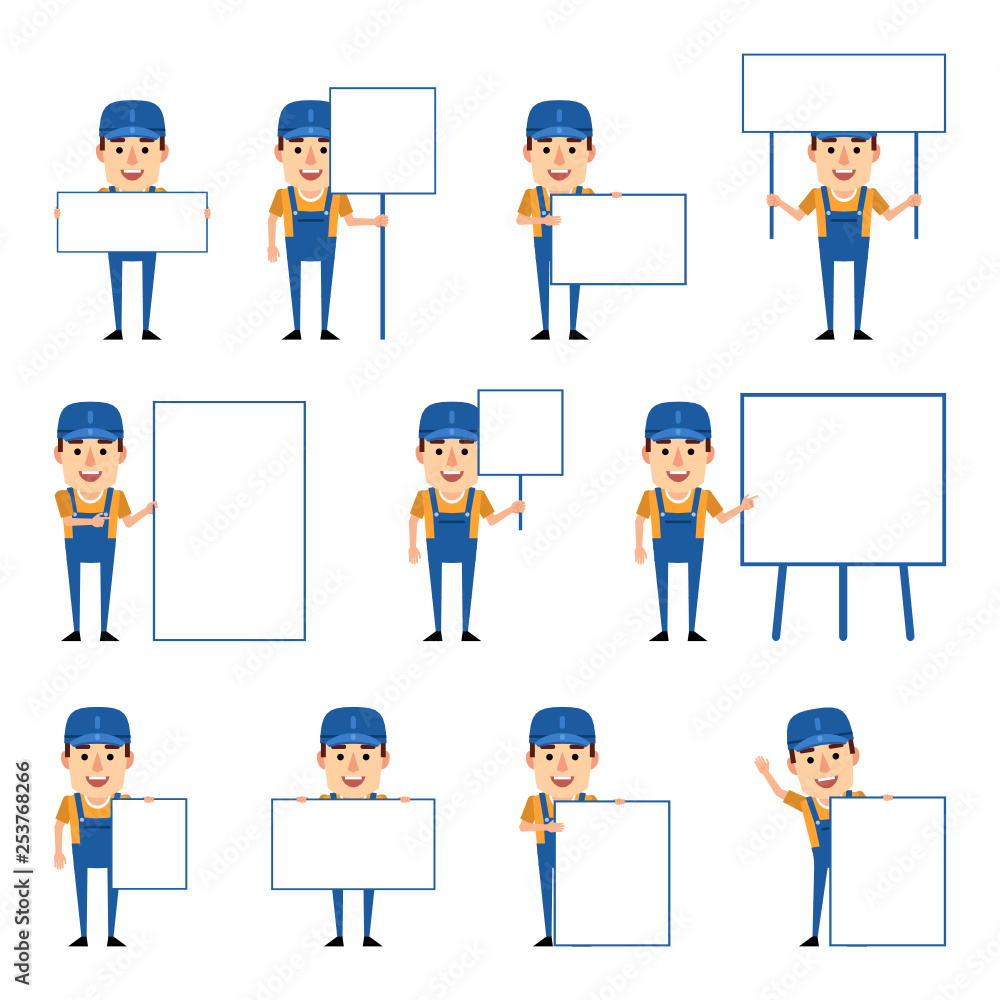 Set of mechanic, worker characters posing with various blank banners. Funny mechanic holding paper, signboard, placard, pointing to whiteboard. Flat design vector illustration Set of mechanic, worker characters posing with various blank banners. Funny mechanic holding paper, signboard, placard, pointing to whiteboard. Flat design vector illustration